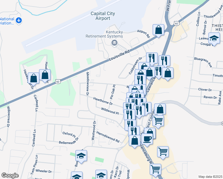 map of restaurants, bars, coffee shops, grocery stores, and more near 204 Pin Oak Place in Frankfort