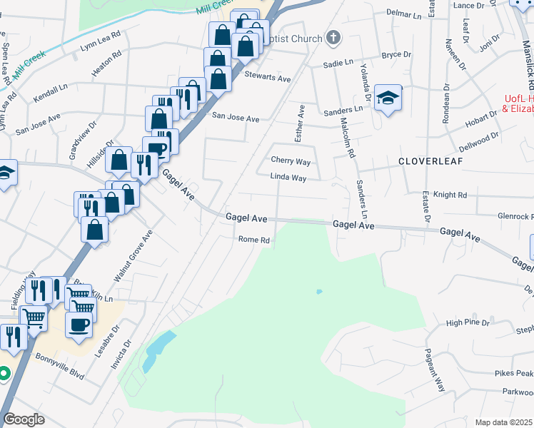 map of restaurants, bars, coffee shops, grocery stores, and more near 1603 Gagel Avenue in Louisville