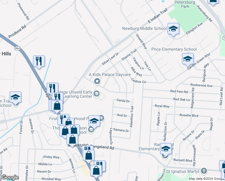 map of restaurants, bars, coffee shops, grocery stores, and more near 5321 Ilex Avenue in Louisville