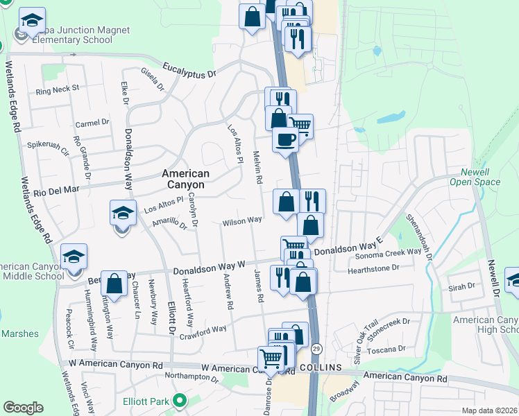 map of restaurants, bars, coffee shops, grocery stores, and more near 4 Melvin Road in American Canyon