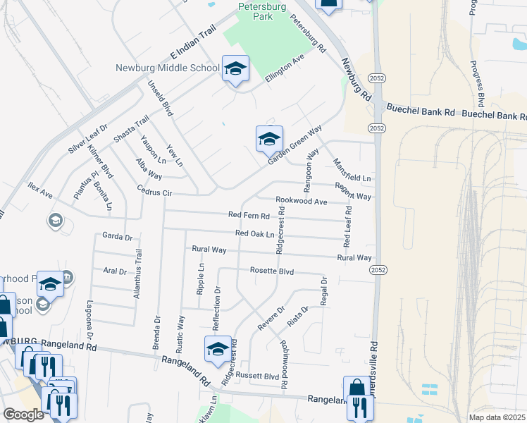 map of restaurants, bars, coffee shops, grocery stores, and more near 5111 Red Fern Road in Louisville