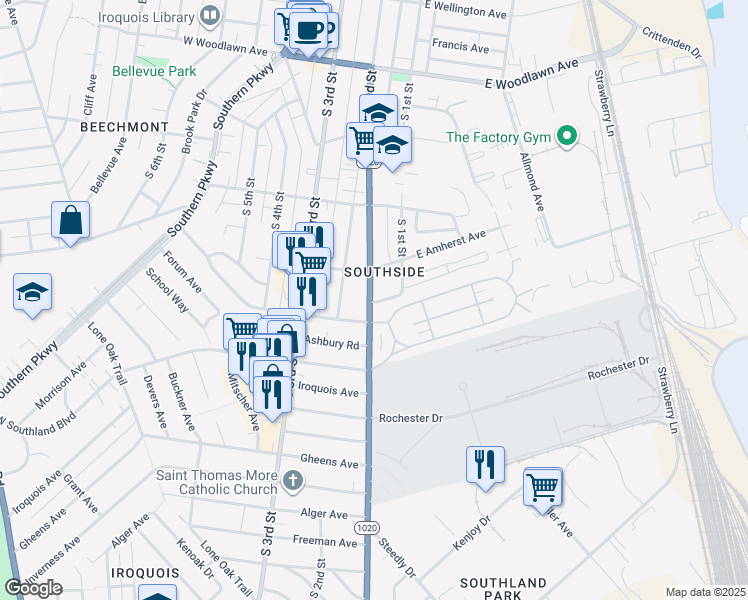 map of restaurants, bars, coffee shops, grocery stores, and more near 105 Kingston Avenue in Louisville