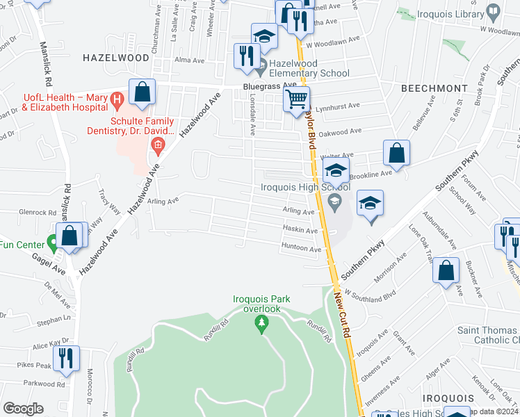 map of restaurants, bars, coffee shops, grocery stores, and more near 1442 Arling Avenue in Louisville