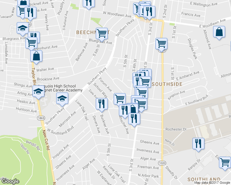 map of restaurants, bars, coffee shops, grocery stores, and more near 515 Forum Avenue in Louisville