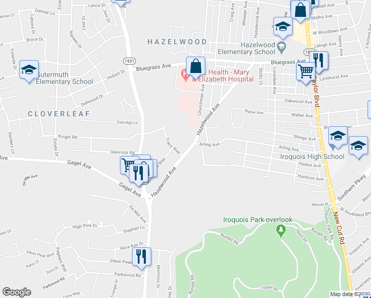 map of restaurants, bars, coffee shops, grocery stores, and more near 4804 Hazelwood Avenue in Louisville