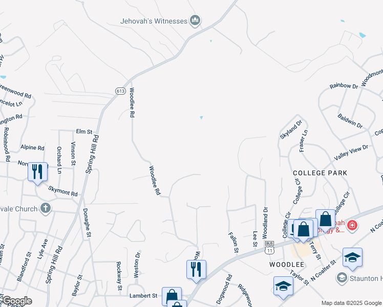 map of restaurants, bars, coffee shops, grocery stores, and more near 101 Woodlee Road in Staunton