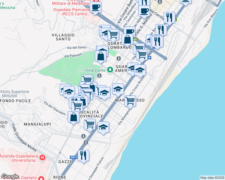 map of restaurants, bars, coffee shops, grocery stores, and more near Viale Roosevelt in Messina