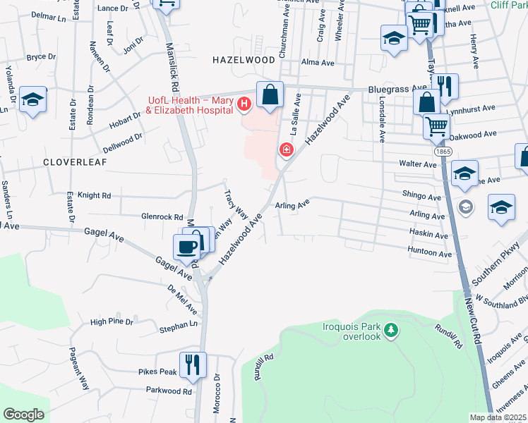 map of restaurants, bars, coffee shops, grocery stores, and more near 4804 Hazelwood Avenue in Louisville