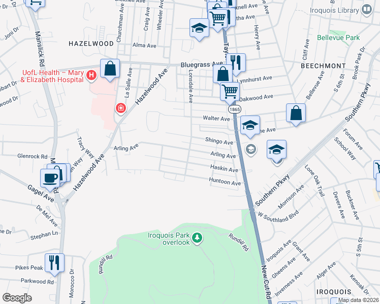 map of restaurants, bars, coffee shops, grocery stores, and more near 1452 Arling Avenue in Louisville