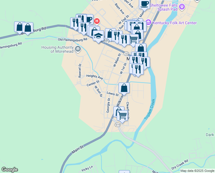 map of restaurants, bars, coffee shops, grocery stores, and more near 739 W Main St in Morehead