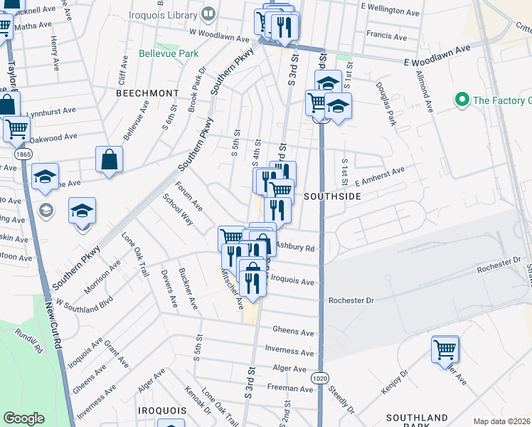 map of restaurants, bars, coffee shops, grocery stores, and more near 307 Kingston Avenue in Louisville