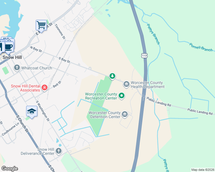 map of restaurants, bars, coffee shops, grocery stores, and more near 6000 Public Landing Road in Snow Hill