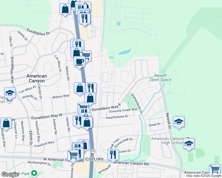 map of restaurants, bars, coffee shops, grocery stores, and more near 2 Corvina Court in American Canyon
