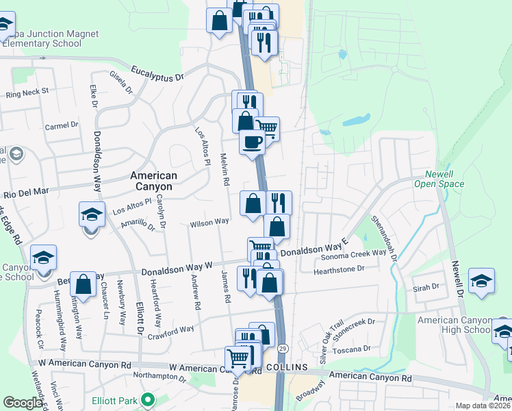 map of restaurants, bars, coffee shops, grocery stores, and more near 3657 Broadway in American Canyon