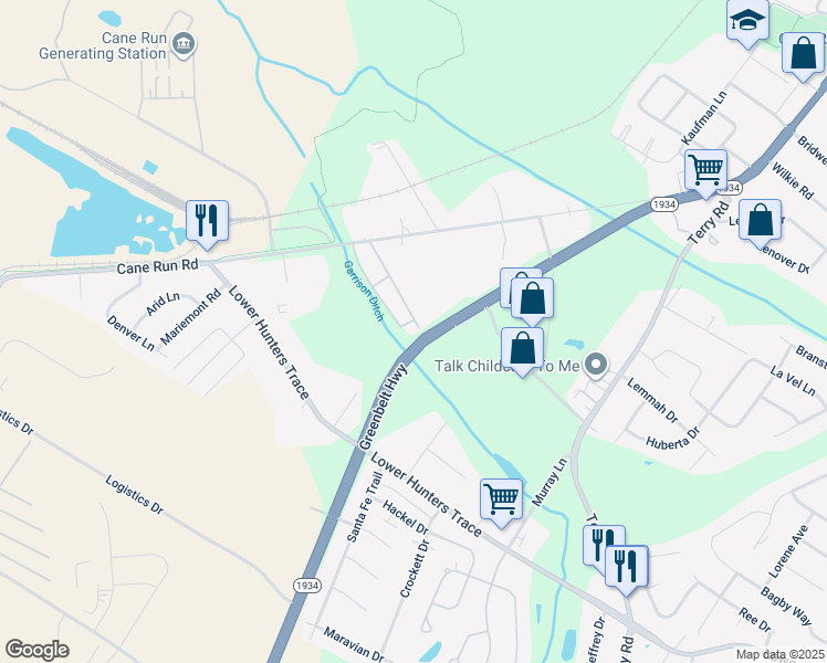 map of restaurants, bars, coffee shops, grocery stores, and more near 2800 Clark Run Road in Louisville