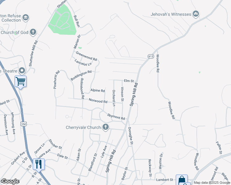 map of restaurants, bars, coffee shops, grocery stores, and more near 1802 Orchard Ln in Staunton