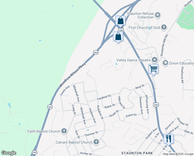 map of restaurants, bars, coffee shops, grocery stores, and more near 411 Audubon Street in Staunton