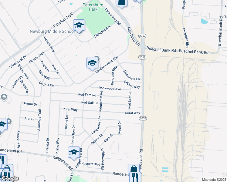 map of restaurants, bars, coffee shops, grocery stores, and more near 5303 Red Fern Road in Louisville