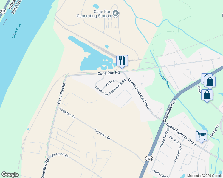 map of restaurants, bars, coffee shops, grocery stores, and more near 7111 Denver Lane in Louisville