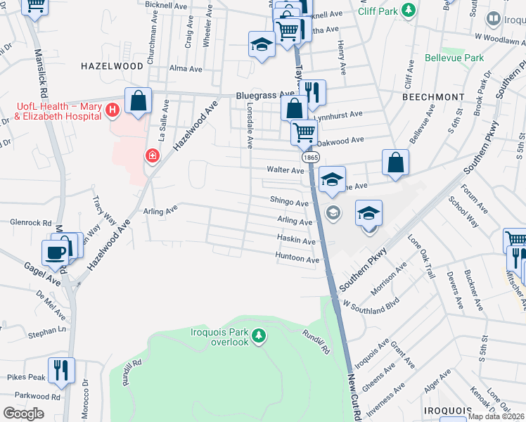 map of restaurants, bars, coffee shops, grocery stores, and more near 1412 Arling Avenue in Louisville