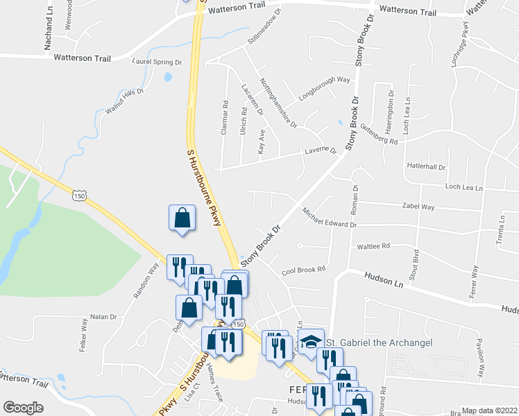 map of restaurants, bars, coffee shops, grocery stores, and more near 5107 Dorose Court in Louisville