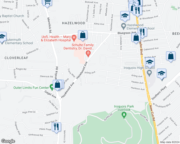map of restaurants, bars, coffee shops, grocery stores, and more near 4545 Old Hazelwood Avenue in Louisville