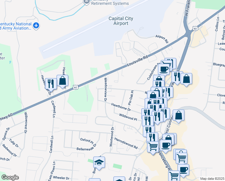 map of restaurants, bars, coffee shops, grocery stores, and more near 238 Cherry Knoll Place in Frankfort