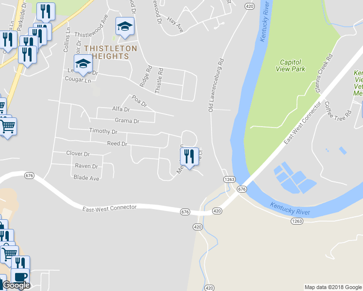 map of restaurants, bars, coffee shops, grocery stores, and more near 1298 Meadow Lane in Frankfort