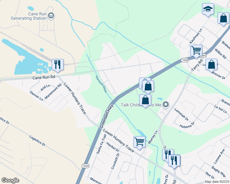 map of restaurants, bars, coffee shops, grocery stores, and more near 2800 Clark Run Road in Louisville