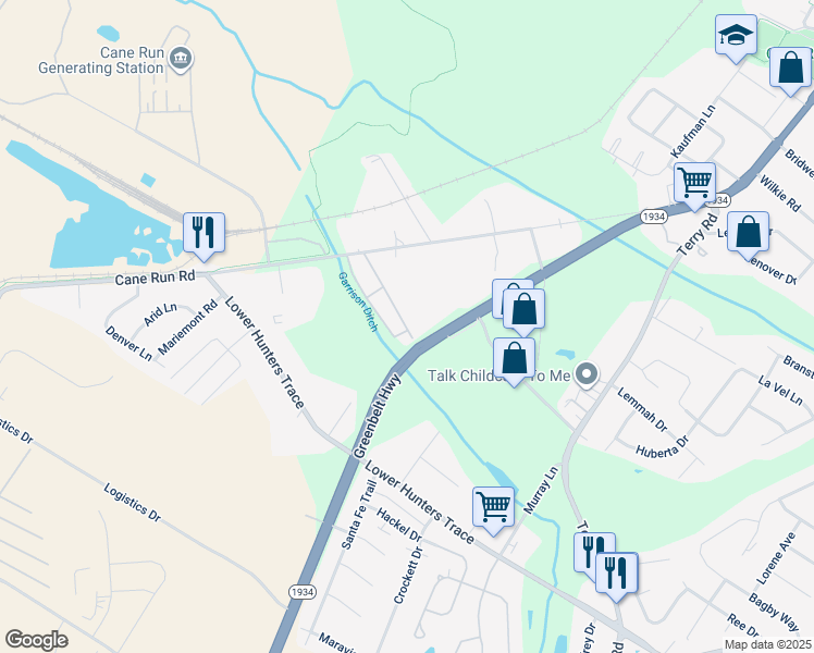map of restaurants, bars, coffee shops, grocery stores, and more near 2800 Clark Run Road in Louisville
