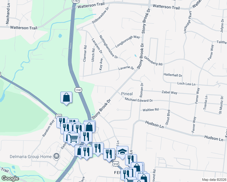 map of restaurants, bars, coffee shops, grocery stores, and more near 5102 Volney Court in Louisville