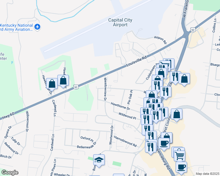 map of restaurants, bars, coffee shops, grocery stores, and more near 260 Woodhill Lane in Frankfort