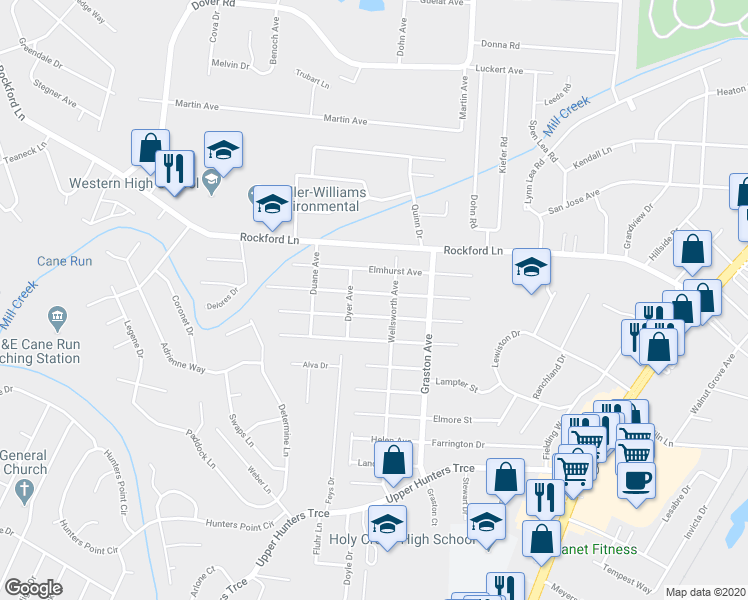 map of restaurants, bars, coffee shops, grocery stores, and more near 2408 Thomas Avenue in Louisville