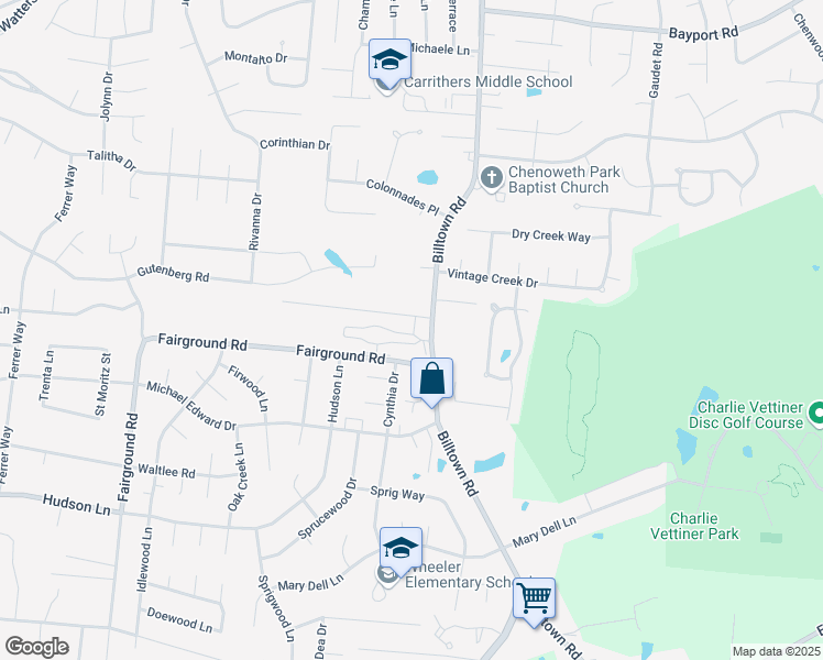 map of restaurants, bars, coffee shops, grocery stores, and more near 10408 Monticello Forest Circle in Jeffersontown