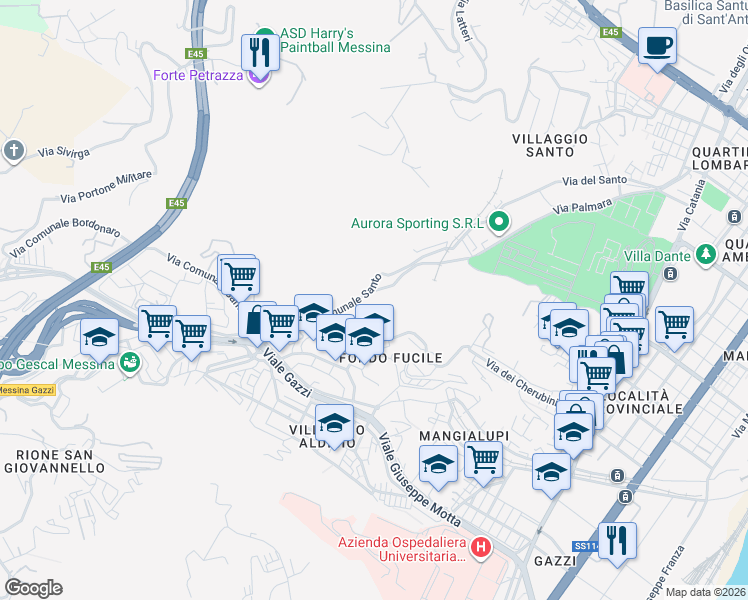 map of restaurants, bars, coffee shops, grocery stores, and more near 78 Via Comunale Santo in Messina