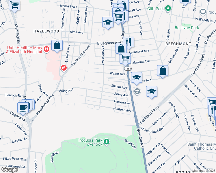 map of restaurants, bars, coffee shops, grocery stores, and more near 1430 Shingo Avenue in Louisville