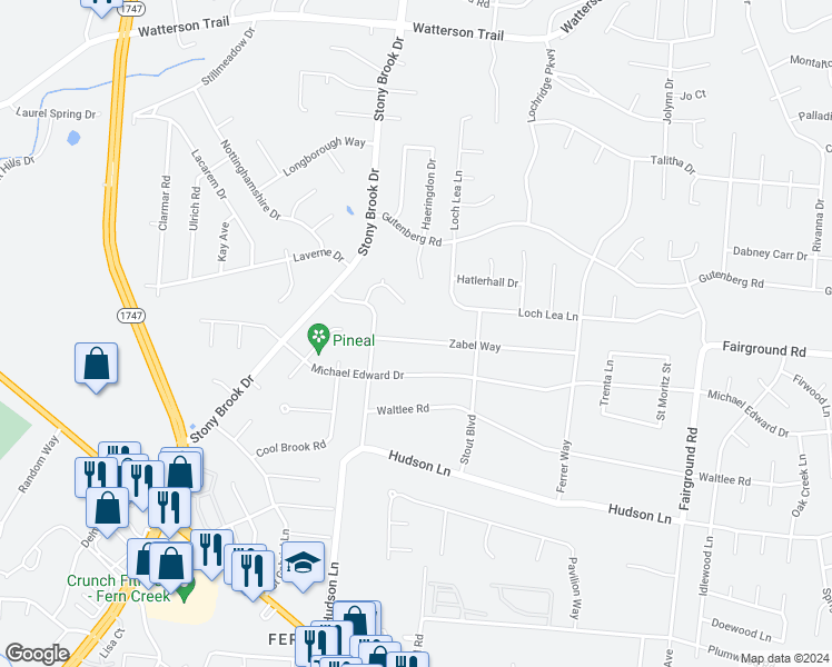 map of restaurants, bars, coffee shops, grocery stores, and more near 8711 Zabel Way in Louisville