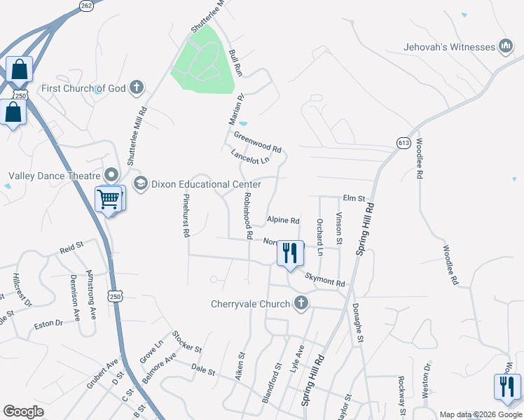map of restaurants, bars, coffee shops, grocery stores, and more near 114 Greenwood Road in Staunton