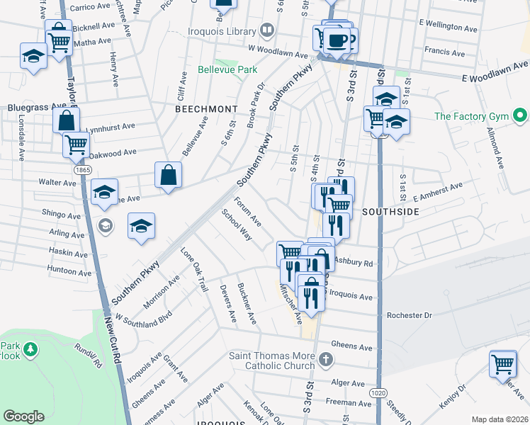 map of restaurants, bars, coffee shops, grocery stores, and more near 504 Christopher Place in Louisville