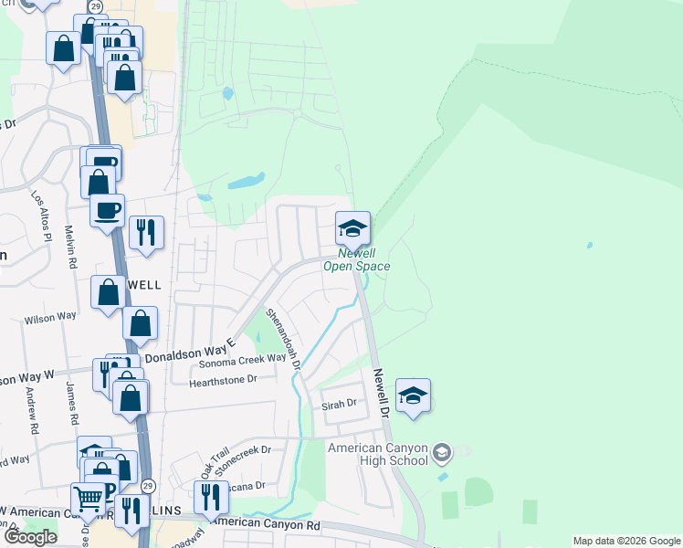 map of restaurants, bars, coffee shops, grocery stores, and more near 10 Horizon Court in American Canyon