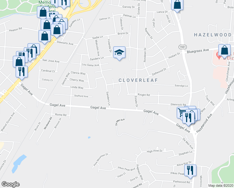 map of restaurants, bars, coffee shops, grocery stores, and more near 4524 Barrowdale Drive in Louisville