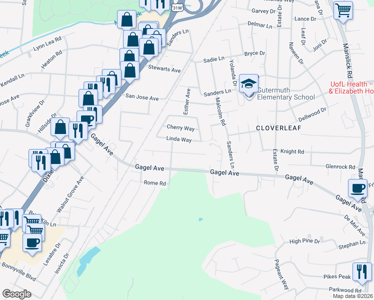 map of restaurants, bars, coffee shops, grocery stores, and more near 1615 Stafford Avenue in Louisville