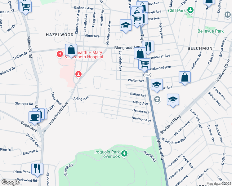 map of restaurants, bars, coffee shops, grocery stores, and more near 4418 Lonsdale Avenue in Louisville