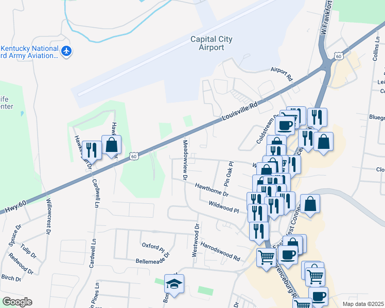 map of restaurants, bars, coffee shops, grocery stores, and more near 101-115 Meadowview Drive in Frankfort