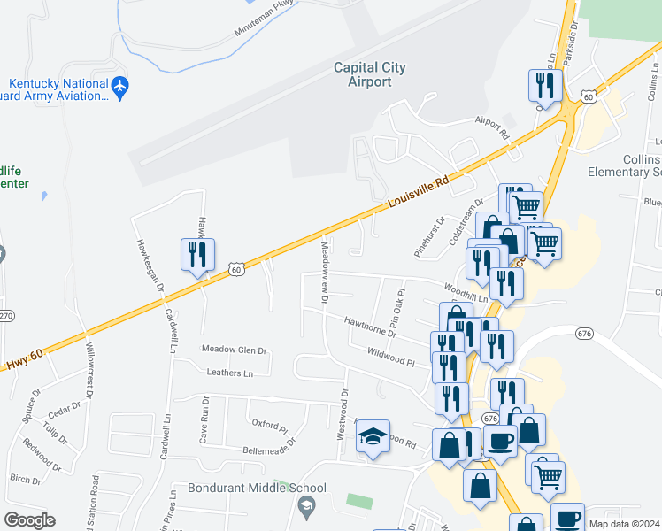 map of restaurants, bars, coffee shops, grocery stores, and more near 101-115 Meadowview Drive in Frankfort