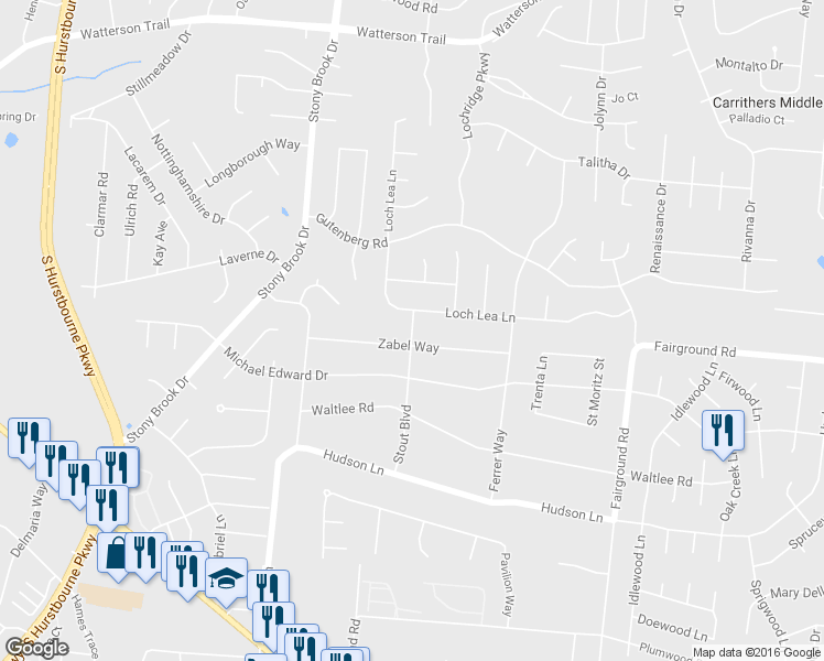 map of restaurants, bars, coffee shops, grocery stores, and more near Stout Blvd in Louisville