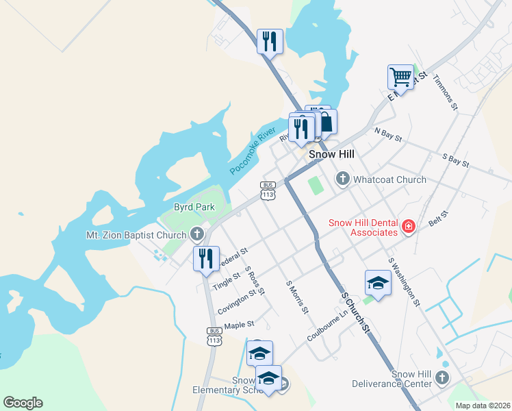 map of restaurants, bars, coffee shops, grocery stores, and more near 212 West Market Street in Snow Hill