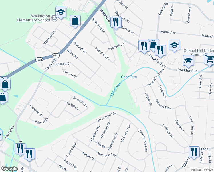 map of restaurants, bars, coffee shops, grocery stores, and more near 3009 Wilkie Road in Louisville