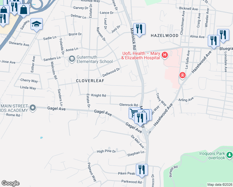 map of restaurants, bars, coffee shops, grocery stores, and more near 1530 Eskridge Lane in Louisville
