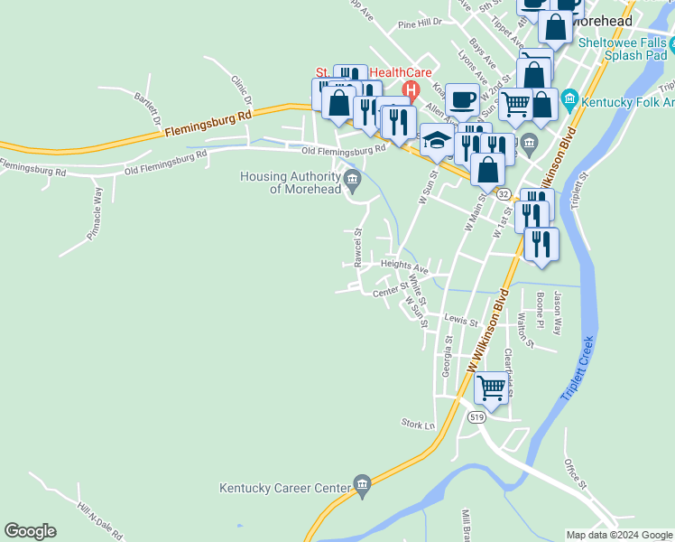 map of restaurants, bars, coffee shops, grocery stores, and more near 606 Rawcel Street in Morehead